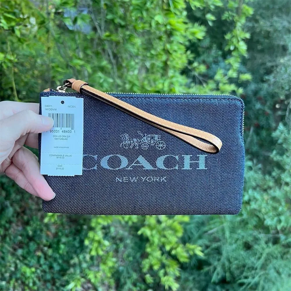 COACH Women's Large Corner Zip Phone Wallet Wristlet Denim Clutch Bag NWT